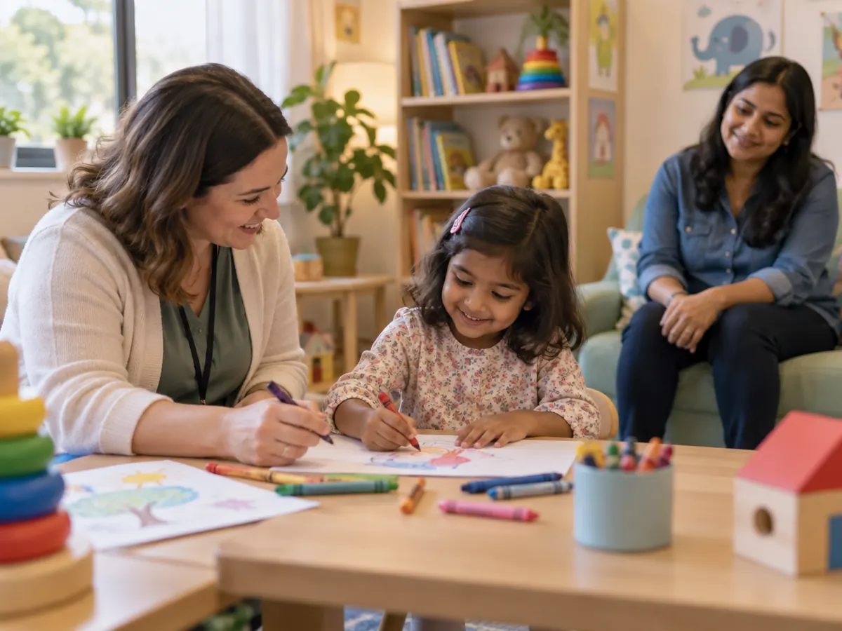A psychologist drawing with a young child while a parent looks on