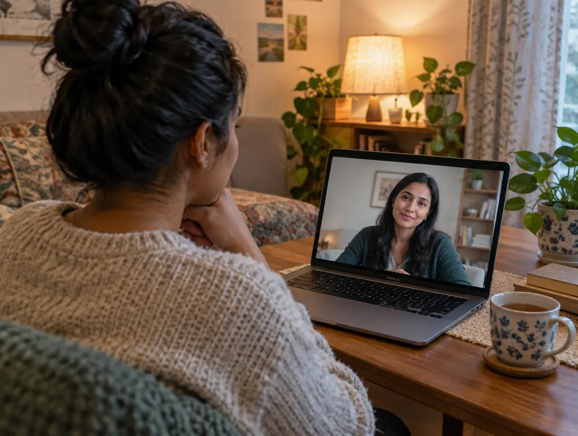 A woman at home in a video session with her counsellor on a laptop